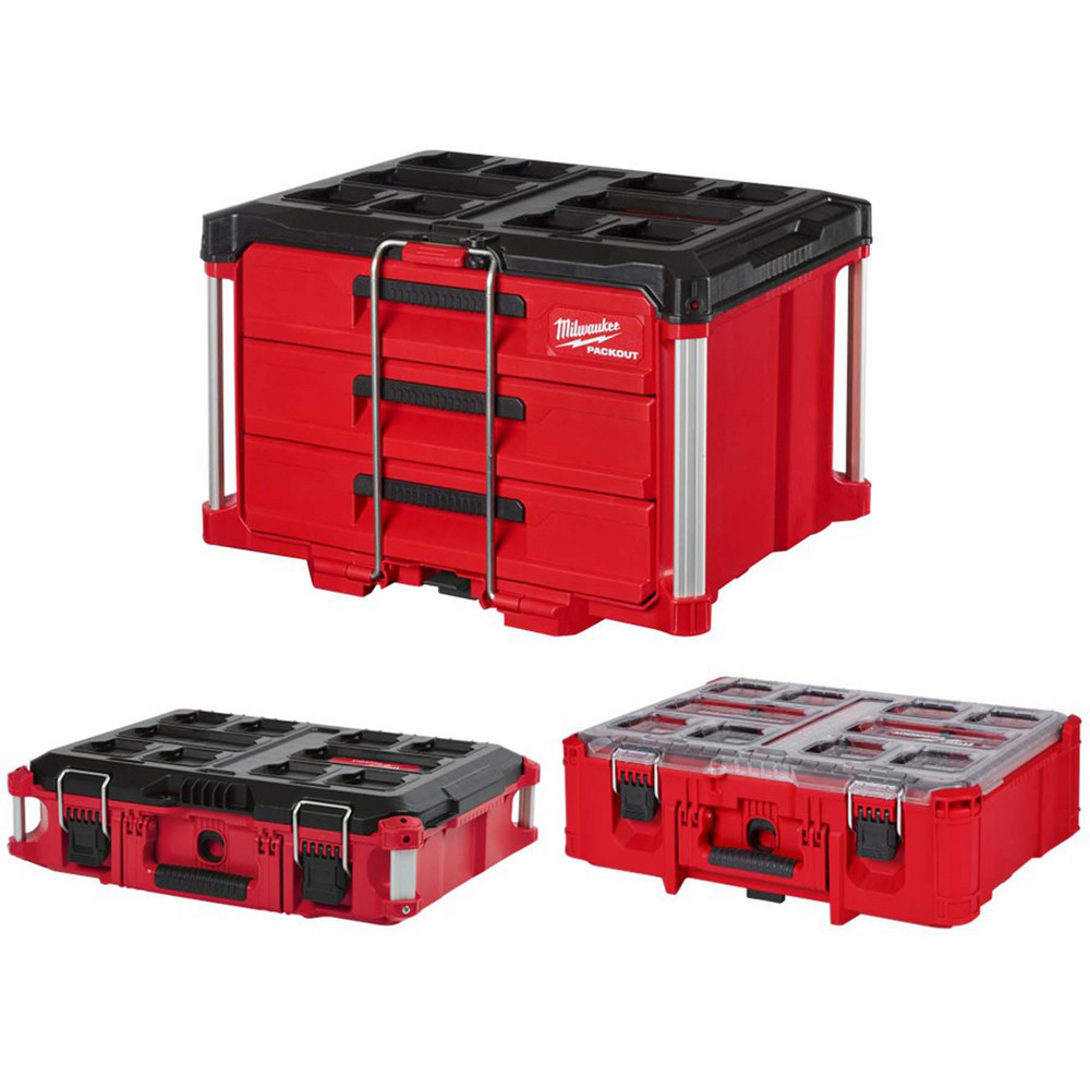 Milwaukee PACKOUT Tool Boxes lineup — Compact 48-22-8421, Deep 48-22-8422, Large 48-22-8428 and XL 48-22-8429 in red and black