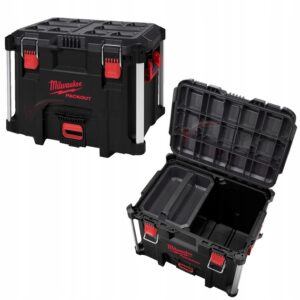 Milwaukee PACKOUT Hard Cases in all four sizes — Small, Medium, Large and XL — with custom foam inserts showing fitted Milwaukee M18 tools and batteries