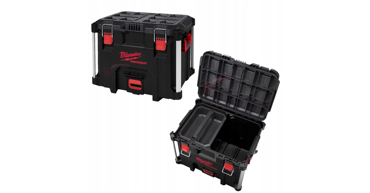 Milwaukee PACKOUT Hard Cases in all four sizes — Small, Medium, Large and XL — with custom foam inserts showing fitted Milwaukee M18 tools and batteries