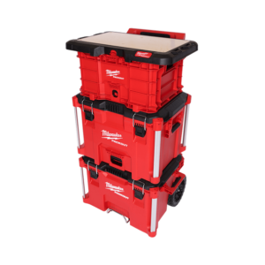 Milwaukee PACKOUT Modular Storage — Wall Plate 48-22-8485 mounted in workshop with PACKOUT carry cases locked in position at working height