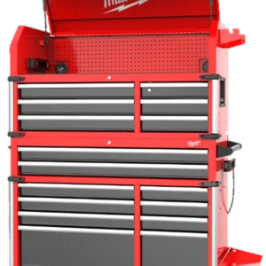 Milwaukee TOOLGUARD Steel Chest Series — 56-inch rolling tool cabinet and 46-inch rolling tool chest in red and black with smooth-glide drawers open in professional workshop