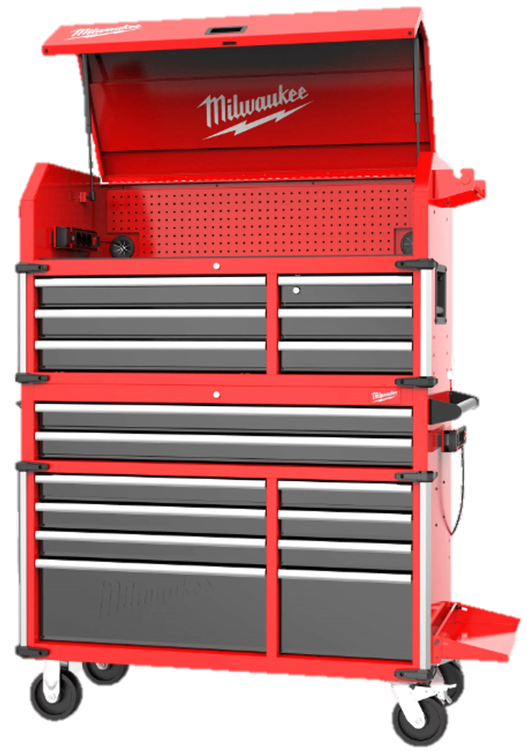 Milwaukee TOOLGUARD Steel Chest Series — 56-inch rolling tool cabinet and 46-inch rolling tool chest in red and black with smooth-glide drawers open in professional workshop
