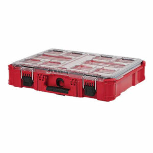 Milwaukee PACKOUT Organizers lineup — Compact 48-22-8430, Standard 48-22-8431 and Large 48-22-8435 with secure-lid compartments open showing sorted fasteners and bits